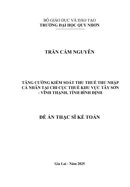 Tăng cường kiểm soát thu thuế thu nhập cá nhân tại Chi cục Thuế khu vực Tây Sơn-Vĩnh Thạnh, tỉnh Bình Định