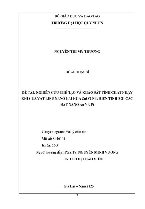 Nghiên cứu chế tạo và khảo sát tính chất nhạy khí của vật liệu nano lai hoá ZnO/CNTs biến tính bởi các hạt nano Au và Pt