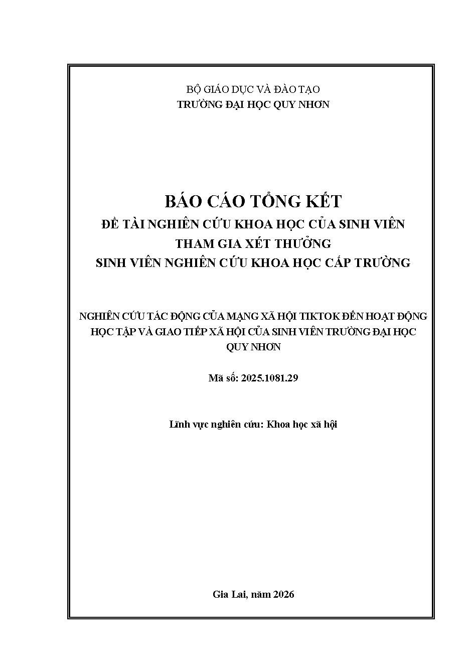 Nghiên cứu tác động của mạng xã hội TikTok đến hoạt động học tập và giao tiếp xã hội của sinh viên Trường Đại học Quy Nhơn