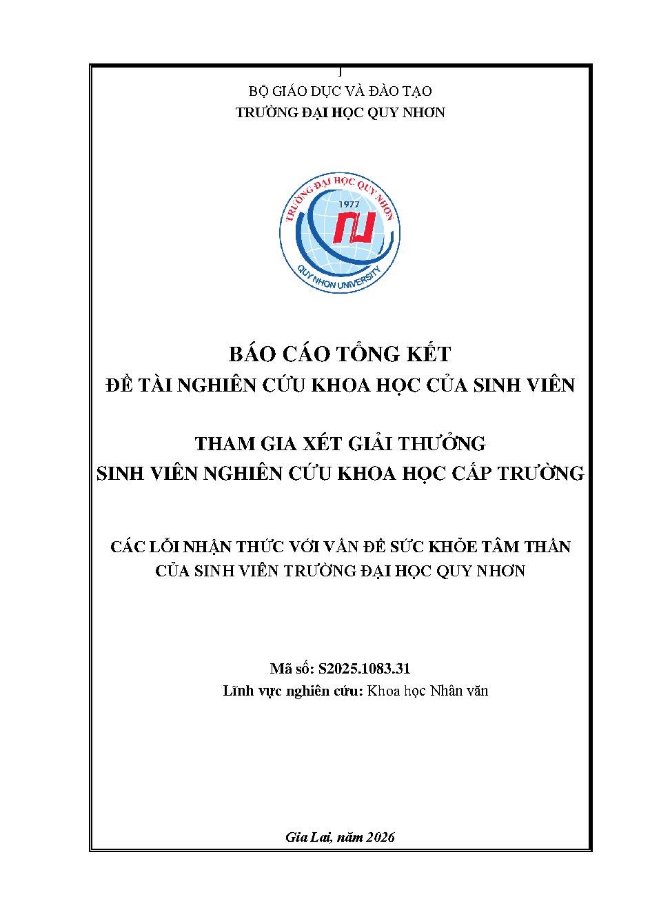 Các lỗi nhận thức với vấn đề sức khỏe tâm thần của sinh viên Trường Đại học Quy Nhơn