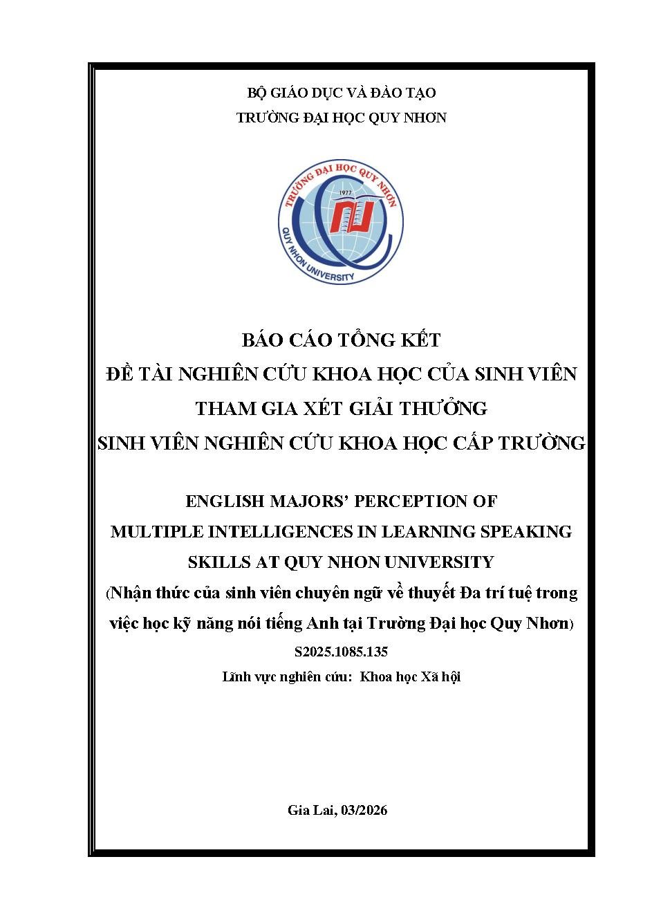 English Majors’ Perception of Multiple Intelligences in Learning Speaking Skills at Quy Nhon University