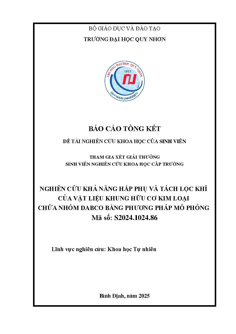 Nghiên cứu khả năng hấp phụ và tách lọc khí của vật liệu khung hữu cơ kim loại chứa nhóm DABCO bằng phương pháp mô phỏng