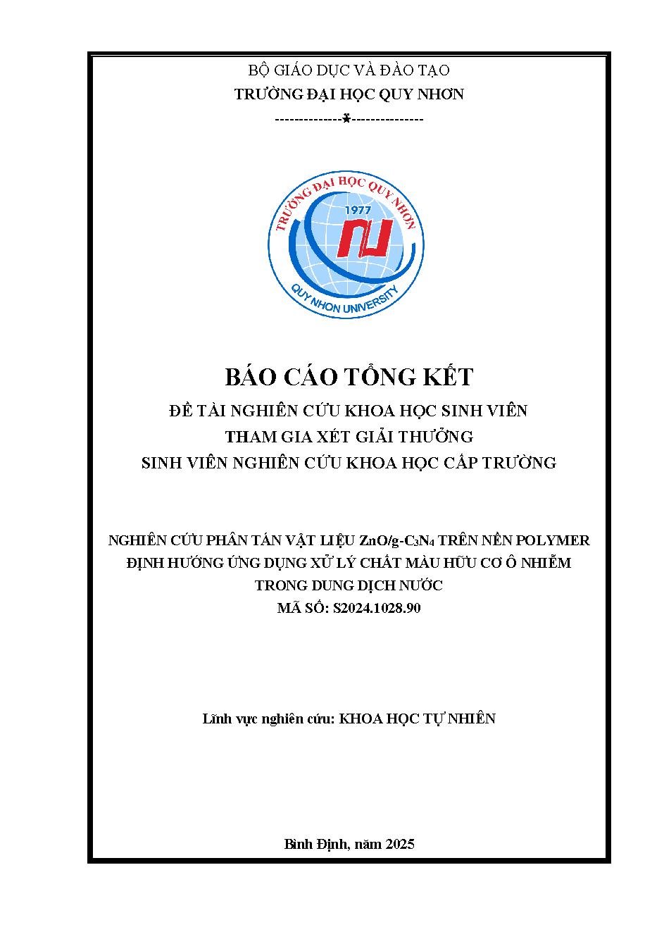 Nghiên cứu phân tán vật liệu ZnO/g-C3N4 trên nền polymer định hướng ứng dụng xử lý chất màu hữu cơ ô nhiễm trong dung dịch nước
