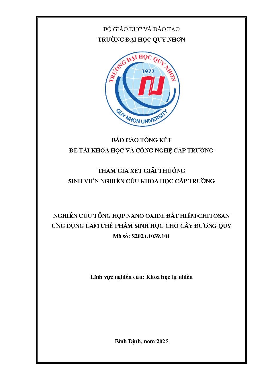 Nghiên cứu tổng hợp nano oxide đất hiếm/chitosan ứng dụng làm chế phẩm sinh học cho cây đương quy