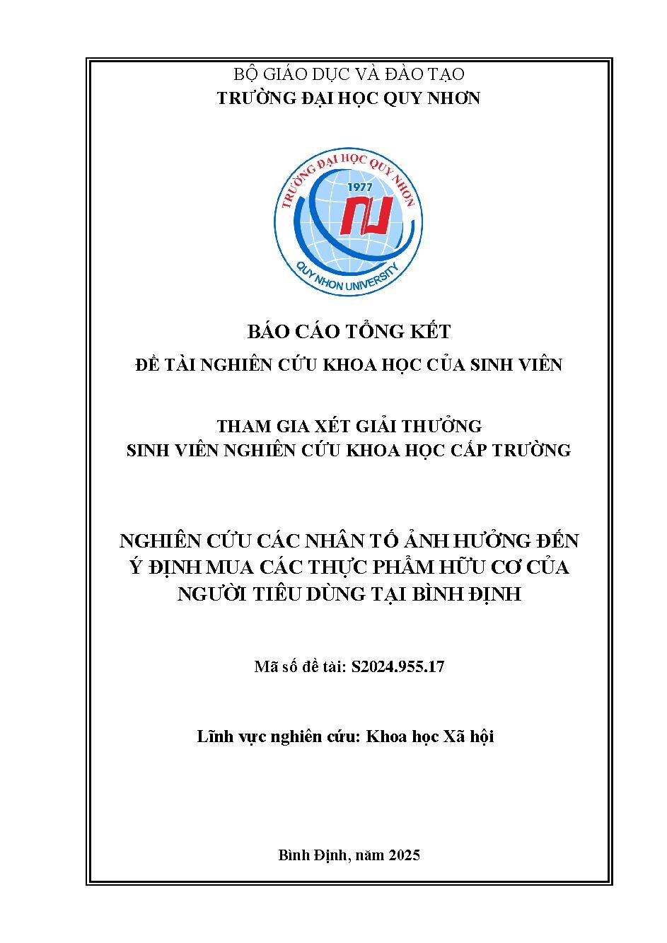 Nghiên cứu các nhân tố ảnh hưởng đến ý định mua các thực phẩm hữu cơ của người tiêu dùng tại Bình Định