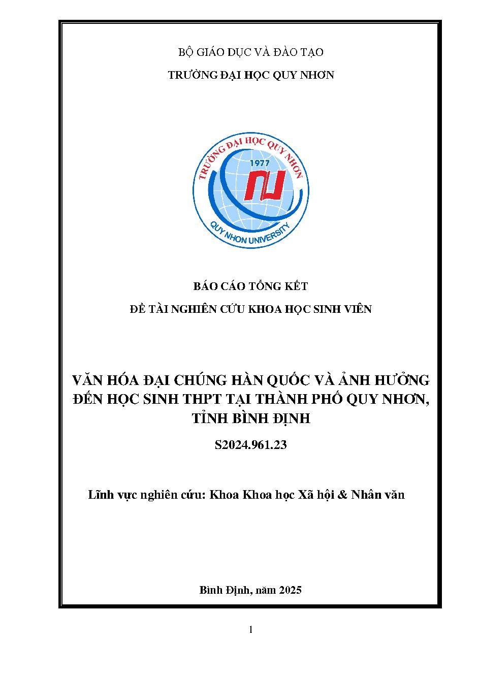 Văn hóa đại chúng Hàn Quốc và ảnh hưởng đến học sinh THPT tại thành phố Quy Nhơn, tỉnh Bình Định