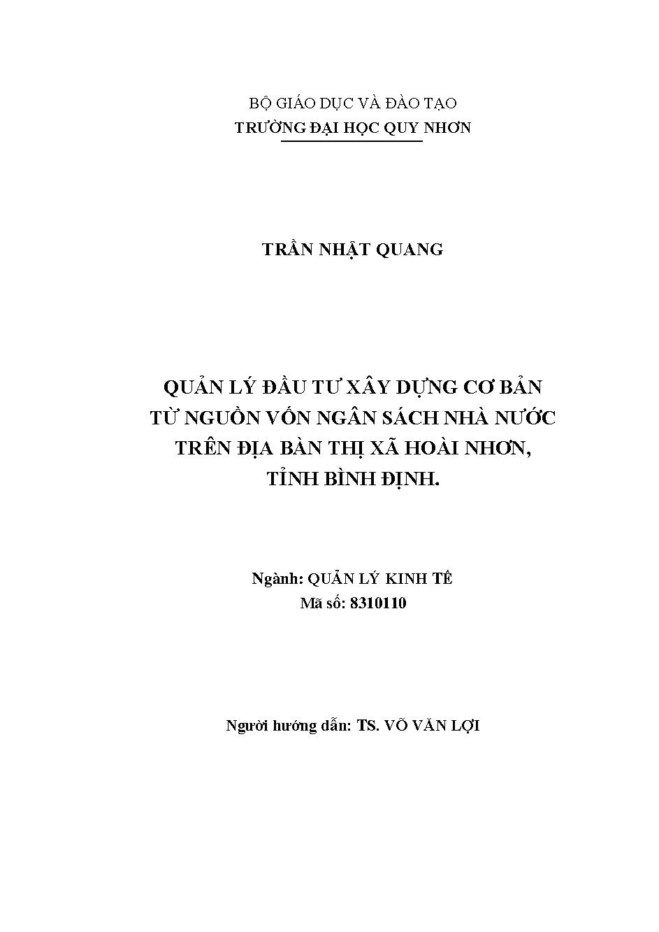Quản lý đầu tư xây dựng cơ bản từ nguồn vốn ngân sách nhà nước trên địa bàn thị xã Hoài Nhơn, tỉnh Bình Định