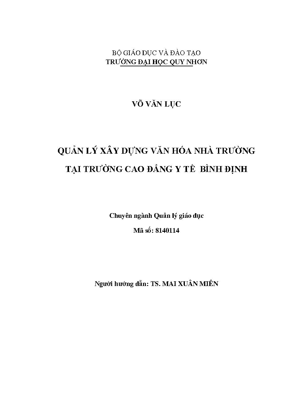 Quản lý xây dựng văn hóa nhà trường tại trường Cao đẳng y tế Bình Định