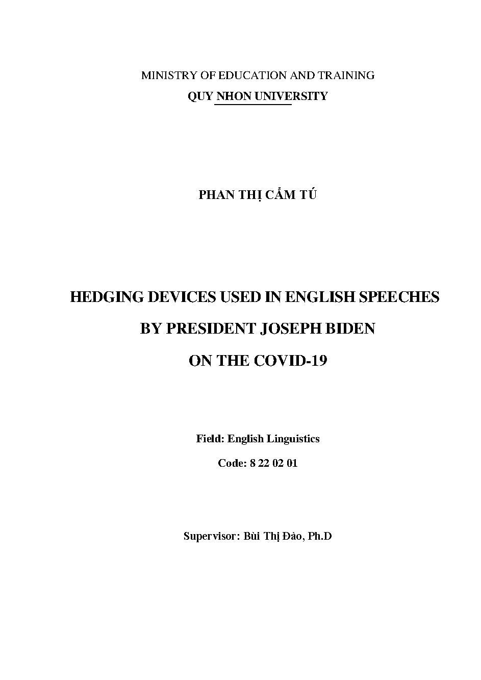 Hedging devices used in English speeches by president Joseph Biden on the covid-19 = Các phương tiện rào đón trong các bài phát biểu tiếng Anh của tổng thống Joseph Biden về covid 19