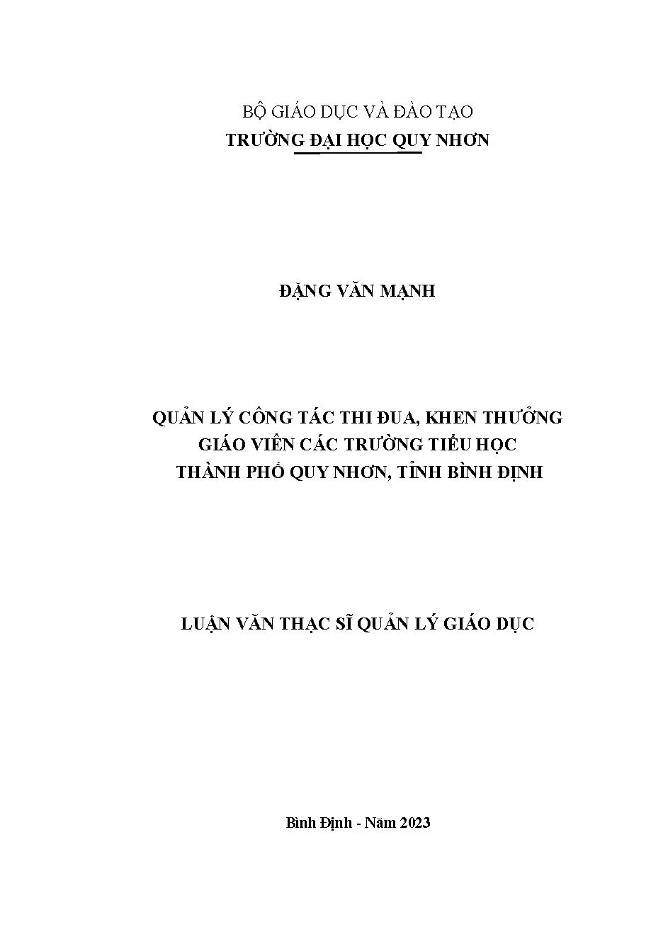 Quản lý công tác thi đua, khen thưởng giáo viên các trường tiểu học thành phố Quy Nhơn, tỉnh Bình Định